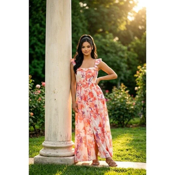 Camellia Maxi Sundress Womens Size S Multicolor Watercolor Floral - Picture 2 of 5